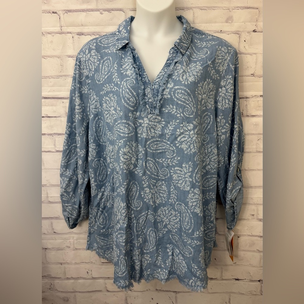 Ruby Rd Petite 3X Pacific Muse Split‎ Neck Paisley Print Pop Over Shirt Blue New